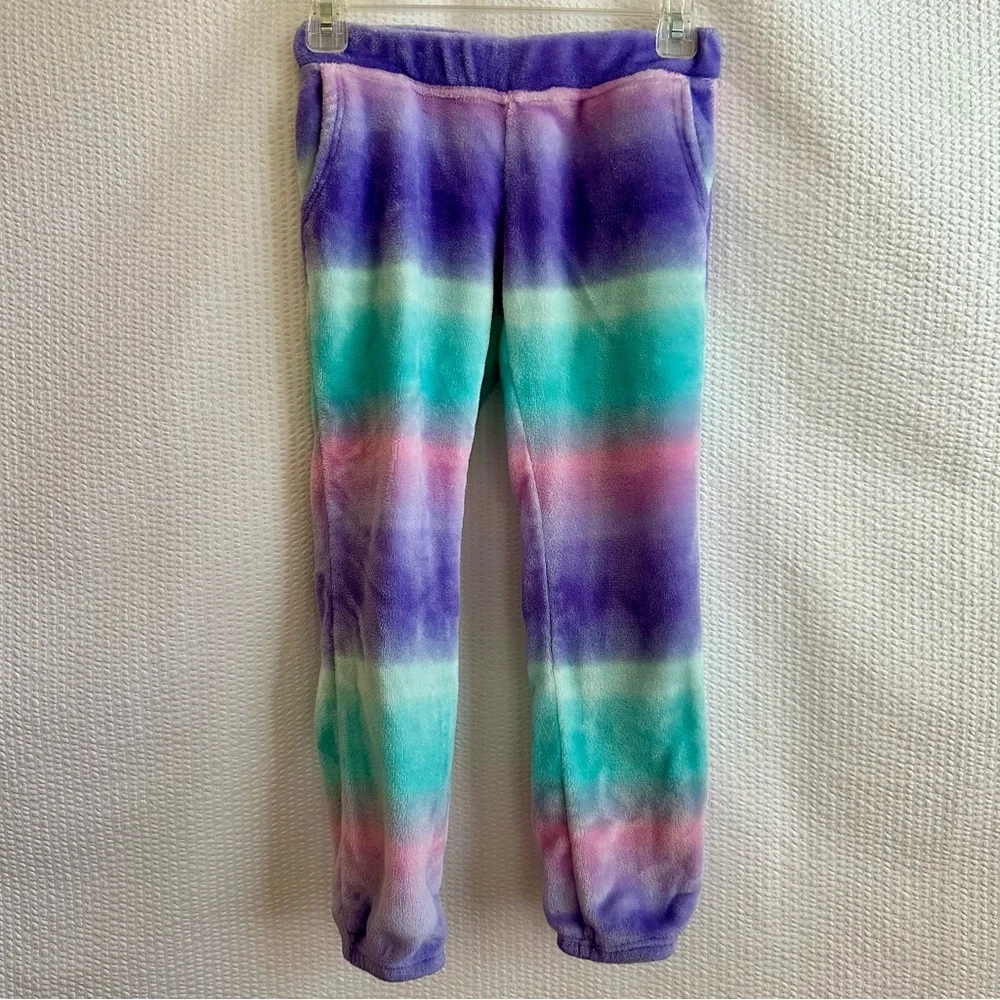 SO Girls Rainbow Stripe Plush Fleece Pajama Set Size 8 Purple Teal Pink Cozy
